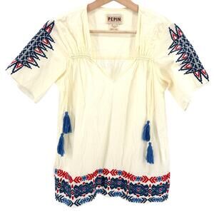 Pepin Cream 100% Cotton Red Blue Embroidered Tunic Blouse